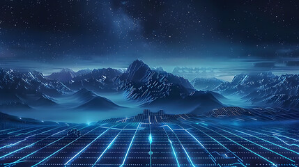 Wall Mural - futuristic digital landscape with glowing blue lattice and mountains - abstract cyber technology bac