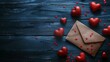 Brown envelope with red hearts on blue wooden background