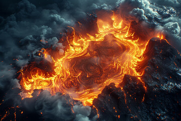 Poster - A fiery volcanic eruption shaping the Earth's surface, releasing molten lava and ash into the atmosphere, forming new landmasses over millennia. Concept of geological upheaval. Generative Ai.