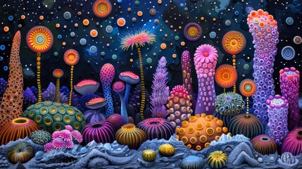 Canvas Print - A painting of a colorful underwater scene with many different types of sea life, AI