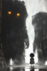 Wall Mural - A little girl standing in front of two giant monsters, AI