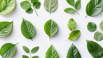 Sticker - Close-up view of various green leaves on white surface