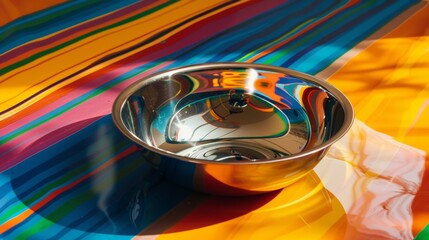 Sticker - A shiny metal bowl sitting on a colorful striped table, AI