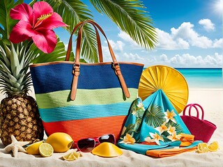 Wall Mural -  A beach bag filled with vibrant summer accessories is set against the backdrop of a tropical beach. The scene encapsulates the carefree spirit of summer vacation design. 