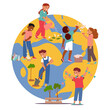 Kids Saving Planet Concept. Happy Children Around A Globe, Watering and Planting Trees, Sweeping, Vector Illustration