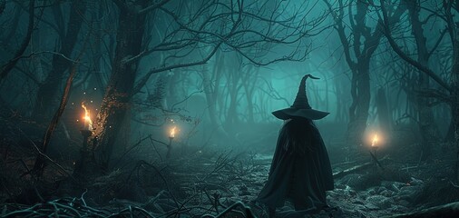 Wall Mural - Witch standing with back turned in spooky dark forest with torches, Halloween, dead barren trees