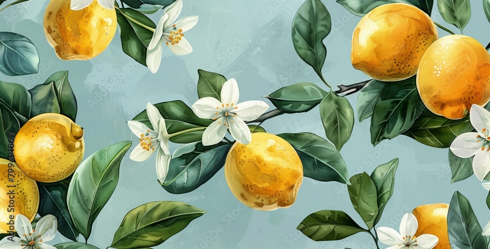 Lemon pattern with flowers and leaves, seamless background, detailed ...
