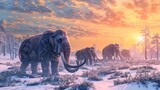 Fototapeta  - Woolly mammoth herd at sunset in frozen cold landscape, extinct prehistoric animals