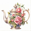 Vintage watercolor pastel floral teapot with pink roses clip art