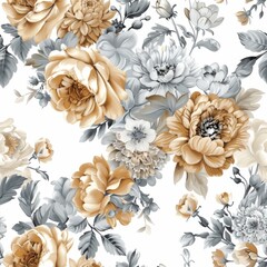 Wall Mural - Elegant Monochrome Floral Pattern with Golden Accents