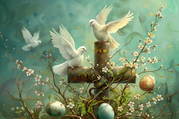 Easter art with crosses, doves. Happy easter. Easter concept