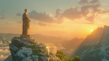 Wall Mural - beautiful female stoic philosopher standing on the top of the mountain with beautiful sunrise in the background