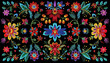 colorful folkloric embroidery pattern with floral designs on black textile