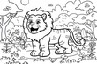 © Belho Med - happy lion in nature coloring page for children's activity book