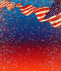 A red, white, and blue American flag is flying in the air with red confetti falling around it