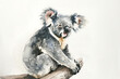 Minimalistic watercolor of a Koala on a white background, cute and comical,