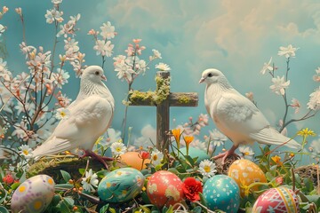 Easter art with crosses, doves. Happy easter. Easter concept