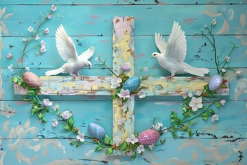 Easter art with crosses, doves. Happy easter. Easter concept