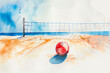 Minimalistic watercolor of beach volleyball on a white background, cute and comical,