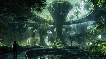 Canvas Print - Ethereal Tech Haven' around a digital rainforest biodome, fusing ethereal landscapes with high-tech elements, in rainforest green and data stream silver