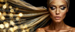 beautiful woman with golden headscarf and golden makeup, banner