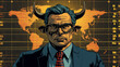 Bull market stock trading, symbolic illustration of a financial manager with bull horns and ears, with the world map in the background