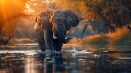 An elephant walking towards the camera with water splashing around, in a breathtaking sunset environment