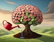 Human brain growing from a tree with flower, watering can is pouring water on the mind, mental health concept, positive attitude, creative thinking