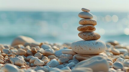 A pile of smooth stones carefully stacked on a pebbly beach, symbolizing balance, with the ocean as a calming backdrop