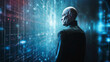 a bald man with a digital structure on his head stands in front of a digital wall