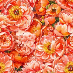 Canvas Print - Vibrant Peonies Pattern: Floral Background with Orange and Pink Blooms