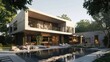 modern cubic house with swimming pool and beautiful garden