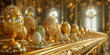 dazzling assortment of gold and white items, such as encrusted Easter eggs, beautifully displayed on a shelf.