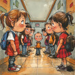 group of children standing together in a school hallway, some whispering and others looking uneasy. Bullying may be happening.