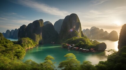 A beautiful mountain landscape with a lake in the foreground