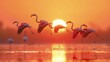 A flamboyance of flamingos soaring gracefully across a vivid orange sunset sky