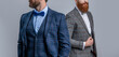 Tuxedo men wear formalwear fashion. Elegant men in menswear with bowtie. Two businessmen at business event. Tuxedo men in formalwear isolated on grey. Tuxedo men in formalwear. Cropped view