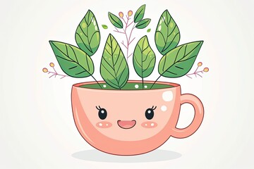 Kawaii Style Plant Pot with Lush Leaves Vector - Cup of Nature Floral and Tree Growth