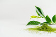 AI generated illustration of a green tea powder with fresh Camellia sinensis leaves