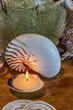 Seashell and candle decoration on a nautical table setting with natural colors