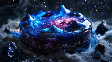 Delve into the depths of a surreal culinary universe as a space-themed dessert intricately decorated with edible galaxies and sparkling stardust