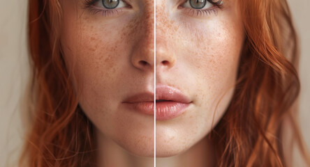 Portrait shot of young ginger woman's face with lips before and after lip enhancement. Injection of filler in lips. Lip augmentation.