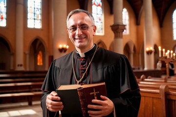 Catholic priest with a bible in his hands standing in church.