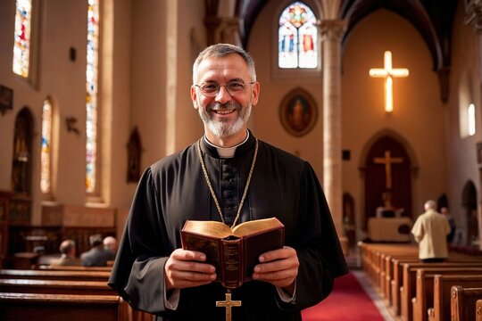 catholic priest with a bible in his hands standing in church.