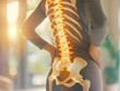 person with superimposed skeletal structure graphics emphasizing the spine and pelvis, suggesting back pain or spinal health 