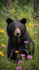 amidst lush forest, black bear stands tall, its intense gaze fixed forward. vibrant wildflowers surr