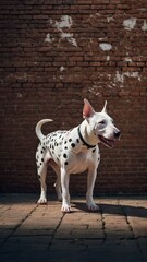 Wall Mural - Unique dog stands proudly against rustic brick wall, basking in sunlight. Muscular build of dog evident, tail slightly curled, expressing lively spirit. Contrast between spotted coat of dog.