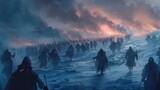 Fototapeta  - The ground beneath the opposing armys feet turned into a slippery treacherous sheet of ice as the Winter army chanted a spell in unison. . .