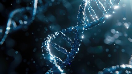 Wall Mural - 3D model of DNA double helix with backdrop blue lights and bokeh effect