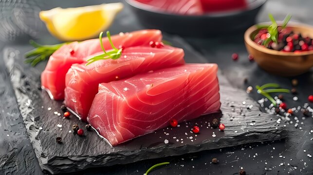 world tuna day. depicts fresh tuna meat served on a plate. good for use as a food and event reference